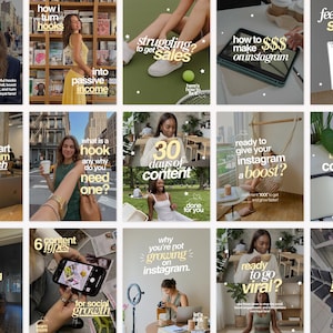 May include: A grid of fifteen social media graphics featuring various lifestyle images, including a person using a laptop, a person holding a smartphone, and text overlays such as 'don't get your content ignored' and 'how to make $$$ on instagram'.