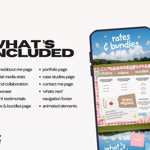 May include: A smartphone displaying a website design with the text rates & bundles, photos, videos, and brand aligned. The screen features a pink gingham background, sky imagery, and a list of included features like home, portfolio, and contact pages.