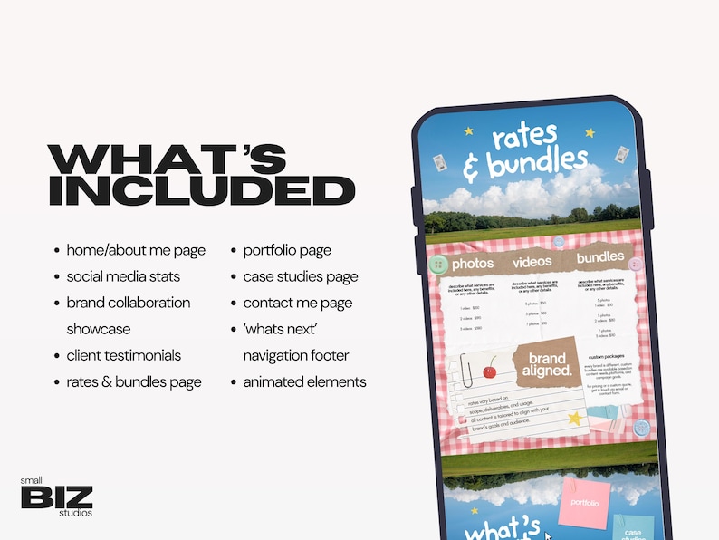 May include: A smartphone displaying a website design with the text rates & bundles, photos, videos, and brand aligned. The screen features a pink gingham background, sky imagery, and a list of included features like home, portfolio, and contact pages.