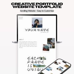 Op de afbeelding: Een digitaal creatief portfolio-websitetemplate weergegeven op een laptop- en smartphonescherm. De lay-out bevat de tekst "CREATIVE PORTFOLIO WEBSITE TEMPLATE", "YOUR NAME", "ABOUT" en "EACH FRAME IS UNIQUE" met tijdelijke aanduidingen voor foto's.