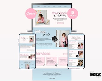 Social Media Manager Website Template | MULTI-PAGE | Canva Portfolio for Freelance Digital Marketing Services | Pink & Blue Professional