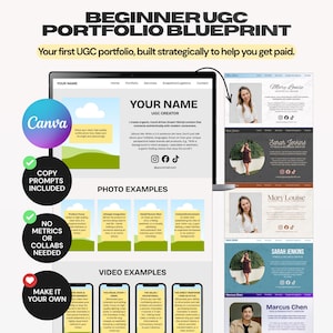 May include: A digital guide titled BEGINNER UGC PORTFOLIO BLUEPRINT featuring a website layout template for creators. It includes sections for photo and video examples, social media icons, and text placeholders for professional branding and content.