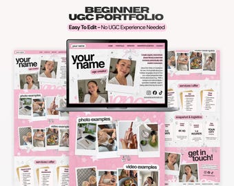 May include: A digital template for a beginner UGC portfolio featuring a pink and white color scheme. The layout includes sections for photo examples, video examples, services offered, and contact information, displayed on a laptop screen.