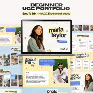 Peut inclure: Un modèle numérique pour un portfolio UGC débutant affiché sur un écran d'ordinateur portable et des pages imprimées. Le design présente un schéma de couleurs jaune et blanc avec des sections pour about me, photo examples, video examples, services et logistics.