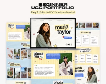 May include: A digital template for a beginner UGC portfolio displayed on a laptop screen and printed pages. The design features a yellow and white color scheme with sections for about me, photo examples, video examples, services, and logistics.