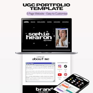 Peut inclure: Un modèle de portfolio UGC numérique affiché sur un écran d'ordinateur portable et un smartphone. Le design présente un fond noir avec du texte pixélisé blanc indiquant UGC PORTFOLIO TEMPLATE, sophie hearon et about me, avec des icônes sociales.