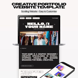 Può includere: Un modello di sito web per portfolio creativo visualizzato su uno schermo di laptop e smartphone. L'interfaccia presenta uno sfondo nero con testo bianco, tra cui "HELLO, I'M YOUR NAME" e "YOUR CITY CREATIVE" sopra una fotografia.