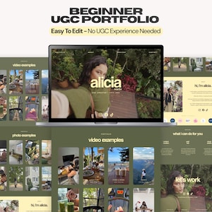 May include: A digital portfolio template for UGC creators displayed on a laptop screen and multiple layout pages. The design features an olive green and cream color palette with sections for video examples, photo examples, and contact information.