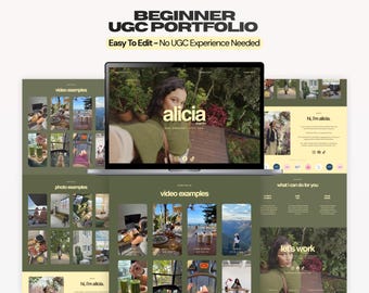 Modèle de site web portfolio UGC pour débutants | Site web Canva pour créateurs de contenu lifestyle/influenceurs | Style épuré et vert