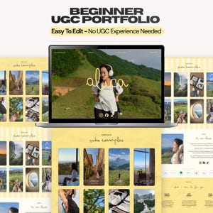 Puede incluir: Una plantilla digital para un portafolio UGC de principiante mostrada en una pantalla de computadora portátil y páginas impresas. El diseño presenta un esquema de color amarillo con cuadrículas de varias fotos de viajes y estilo de vida.