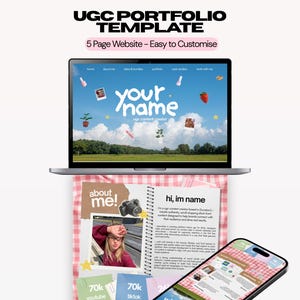 May include: A digital UGC portfolio template displayed on a laptop screen and a notebook page. The laptop shows a blue sky background with the text your name. The notebook features the text about me and hi, im name with a photo and icons.