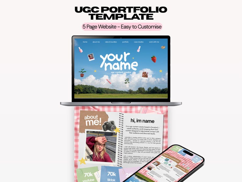 May include: A digital UGC portfolio template displayed on a laptop screen and a notebook page. The laptop shows a blue sky background with the text your name. The notebook features the text about me and hi, im name with a photo and icons.