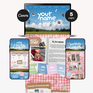 May include: A digital media kit template for Canva featuring five pages displayed on a laptop and two smartphones. The design includes a pink gingham background, text sections labeled about me, rates and bundles, and portfolio, with social media stats.