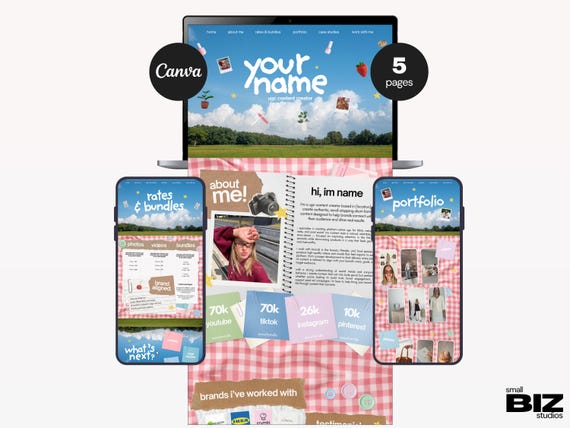 UGC Portfolio Website Template for Canva | Content Creator / Influencers | Pink Scrapbook Picnic Style | MULTI-PAGE