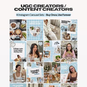 Puede incluir: Una colección digital de 14 sets de carrusel de Instagram para creadores de contenido UGC, con una estética azul claro que incluye varias plantillas de fotografía de estilo de vida, superposiciones de texto y elementos de collage.
