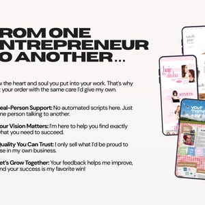 May include: Image features three smartphones displaying website interfaces. The text "FROM ONE ENTREPRENEUR TO ANOTHER..." is at the top. The image also includes bullet points about support, vision, quality, and growth.
