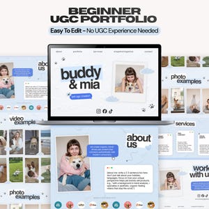 Pode incluir: Um modelo digital para um portfólio UGC de iniciante exibido em uma tela de laptop, apresentando o texto "BEGINNER UGC PORTFOLIO" e "Easy To Edit - No UGC Experience Needed" com seções para "about us," "photo examples," "video examples," e "services."