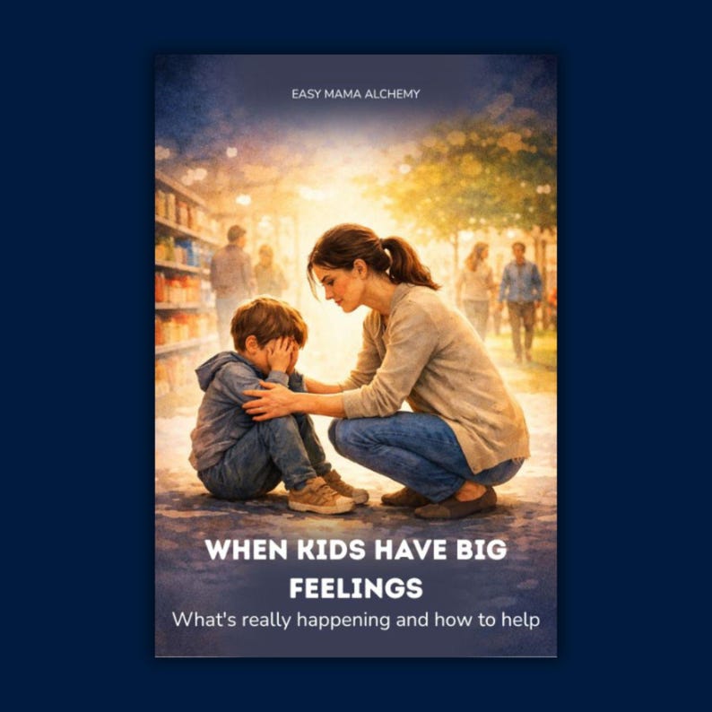 May include: An illustration shows a mother comforting a child, with the child covering their face. The image is titled "WHEN KIDS HAVE BIG FEELINGS" with the subtitle "What's really happening and how to help." The background shows a blurred indoor scene.