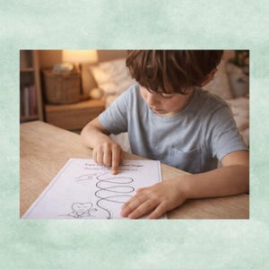 May include: A young person in a grey t-shirt is tracing a line on a white paper. The paper has the text "Trace the line with your finger. Breathe in... Breathe out." and a spiral design. The scene is set on a wooden table.