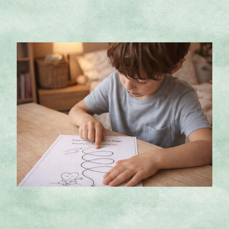 May include: A young person in a grey t-shirt is tracing a line on a white paper. The paper has the text "Trace the line with your finger. Breathe in... Breathe out." and a spiral design. The scene is set on a wooden table.