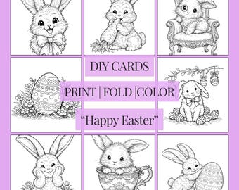 Printable Easter Coloring Cards for Kids – DIY Happy Easter Bunny Cards – Instant Download – Print Fold Color – Classroom Activity