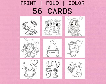 56 Valentine’s Day Cards for Kids | Color-In | Folded | DIY Valentines (PDF instant Download)