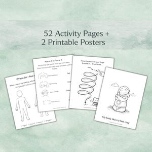 May include: A set of black and white activity pages and printable posters. The pages feature illustrations and prompts for emotional learning, including body awareness and breathing exercises. Text includes "Where Do I Feel" and "My body likes to feel cosy."