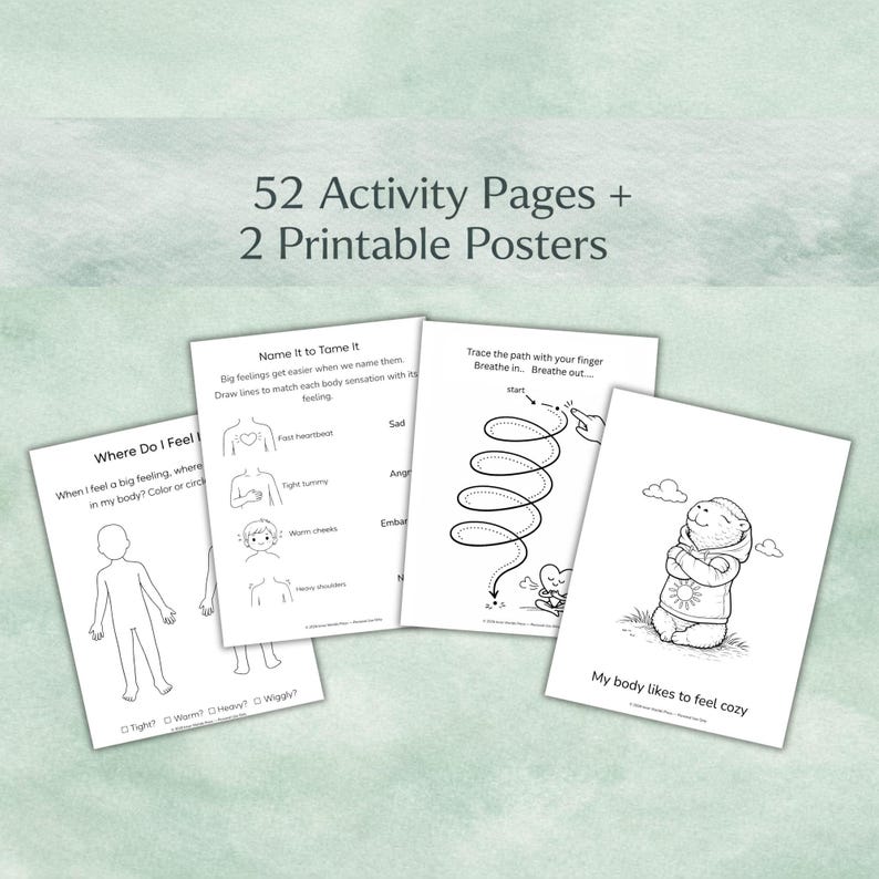 May include: A set of black and white activity pages and printable posters. The pages feature illustrations and prompts for emotional learning, including body awareness and breathing exercises. Text includes "Where Do I Feel" and "My body likes to feel cosy."