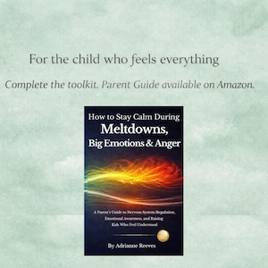 May include: Book cover for "How to Stay Calm During Meltdowns, Big Emotions & Anger." The cover is dark blue with a vibrant, abstract design. Text at the top reads, "For the child who feels everything." The book is a parent's guide.