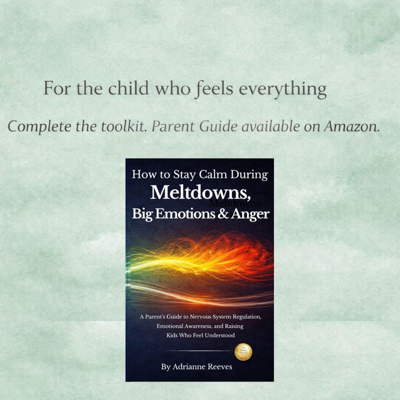 May include: Book cover for "How to Stay Calm During Meltdowns, Big Emotions & Anger." The cover is dark blue with a vibrant, abstract design. Text at the top reads, "For the child who feels everything." The book is a parent's guide.