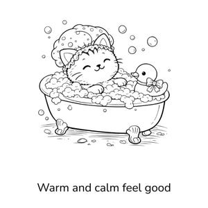 K&ouml;nnte beinhalten: Schwarz-Wei&szlig;-Illustration einer Katze in einer Badewanne mit Blasen und einer Quietscheente. Die Katze tr&auml;gt eine Duschhaube. Der Text "Warm and calm feel good" befindet sich am unteren Bildrand.