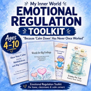 May include: An emotional regulation toolkit for children aged 4-10, including books and cards. Titles include "How Stay Calm" and "Words for Big Feelings." The toolkit features a guide and illustrations to help children manage emotions. Text reads "Emotional Regulation Toolkit for home, classrooms & calm corners."