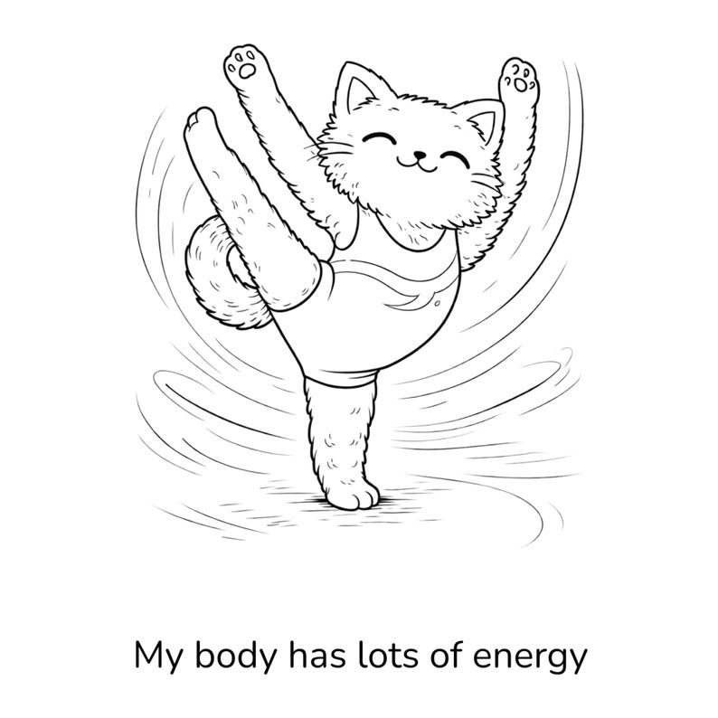 K&ouml;nnte beinhalten: Schwarz-Wei&szlig;-Illustration einer Katze in einem Trikot, die einen Spagat macht. Die Katze l&auml;chelt, die Arme sind erhoben und ein Bein ausgestreckt. Der Text unten lautet: &bdquo;Mein K&ouml;rper hat viel Energie.&ldquo;