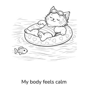 K&ouml;nnte beinhalten: Schwarz-Wei&szlig;-Illustration einer Katze mit Brille und gestreiftem Badeanzug, die in einem herzf&ouml;rmigen Schwimmring treibt. Ein kleiner Fisch schwimmt in der N&auml;he. Der Text "My body feels calm" steht unten.