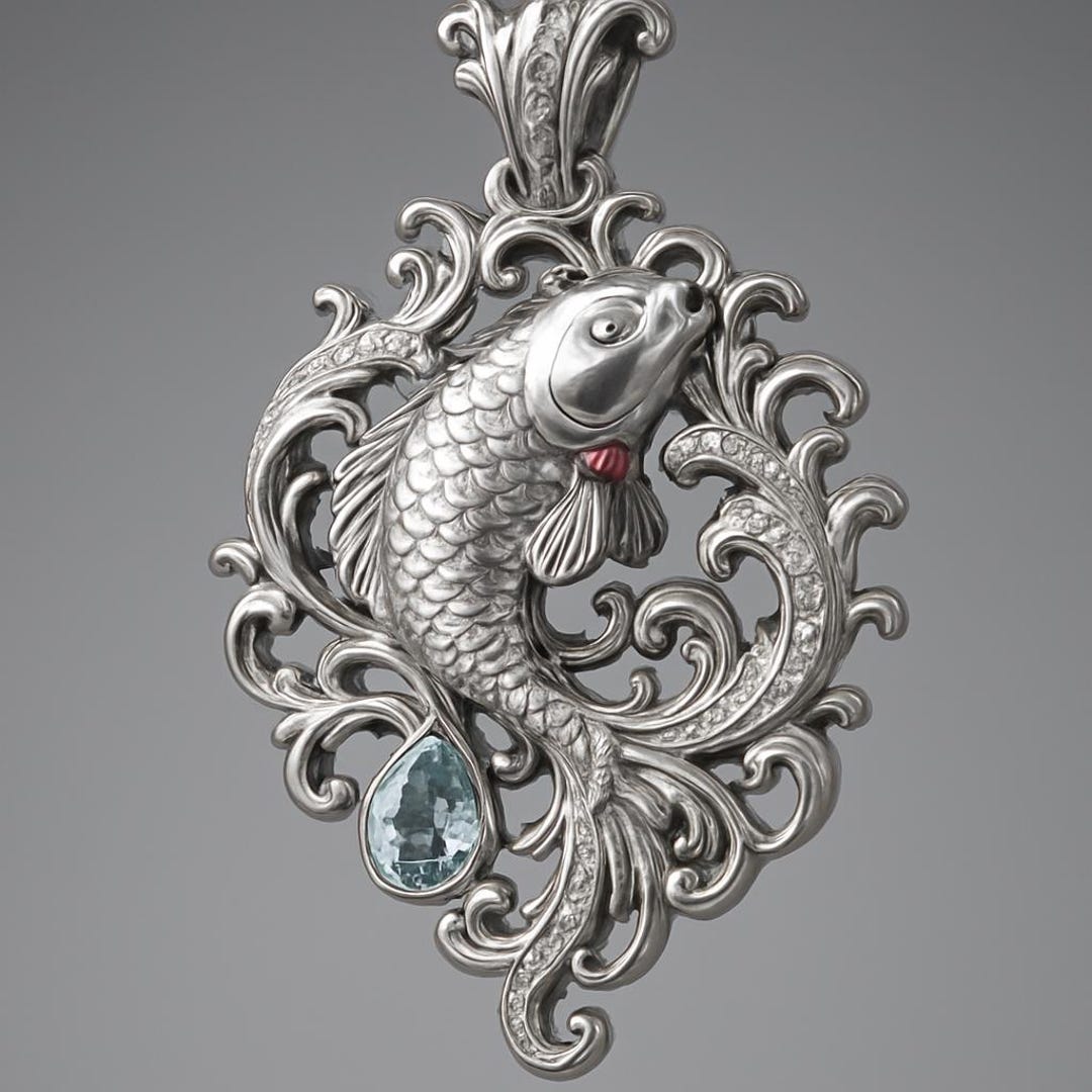 Sterling Silver Koi Fish Pendant, Ornate Carp Jewelry With Blue ...