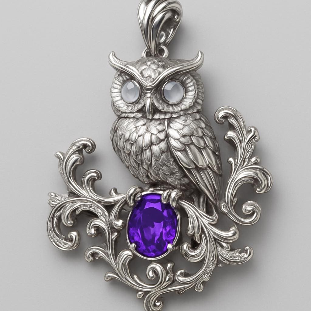 Sterling Silver Owl Pendant Necklace with Amethyst Purple Crystal, Vintage Filigree Fantasy Jewelry
