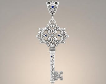 Silver Key Pendant Necklace Vintage Scrollwork Blue Stone Ornate Skeleton Key Charm