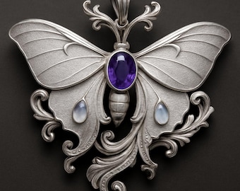 Baroque Luna Moth Pendant in Sterling Silver with Amethyst & Moonstone, Rococo Insect Jewelry