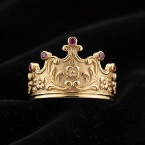 Baroque Floral Gold Crown Tiara Ring Ruby Red Stones | 18K Look Gold-Plated Sterling Silver Princess Ring