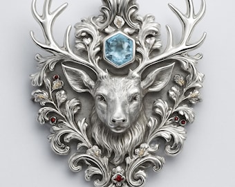 Sterling Silver Stag Brooch with Blue Stone – Ornate Antler Deer Pin, Woodland Fantasy Statement Jewelry