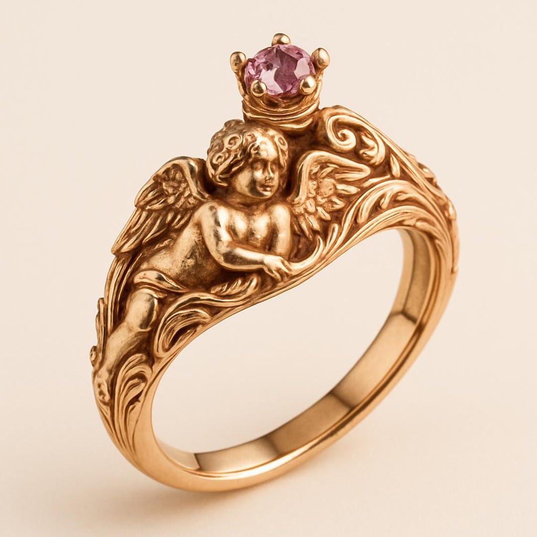 Baroque Cherub Ring Rose Gold Plated Pink Spinel Crown Angel Ring 925 ...