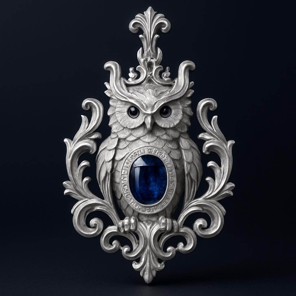 Sterling Silver Owl Pendant Necklace with Sapphire Blue Cabochon Stone | Baroque Statement Owl Jewel