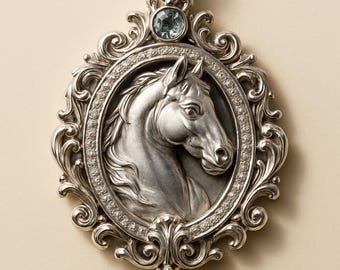 Sterling Silver Horse Cameo Pendant Necklace, Equestrian Medallion with Gemstone & Pearl Drop