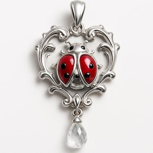 May include: Silver-toned pendant featuring a ladybug design. The ladybug has red wings with black spots, set within a heart-shaped frame with ornate detailing. A clear, faceted teardrop-shaped crystal hangs below.