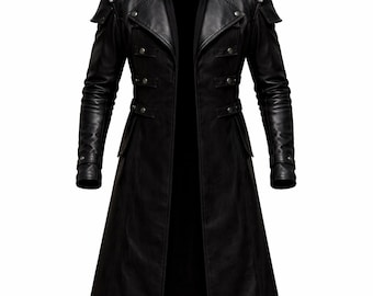 Peut inclure: Un long manteau noir doté d'une capuche, d'épaules structurées et de manches longues. Le vêtement présente un design croisé sur le devant avec des boutons métalliques, un large revers et une finition lisse, descendant jusqu'au milieu du mollet.