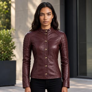 Puede incluir: Una chaqueta de cuero color burdeos oscuro con cuello mao, cierre frontal de botones con herrajes metálicos y detalles acolchados en los hombros y la parte superior de las mangas. La chaqueta presenta un corte entallado y costuras.