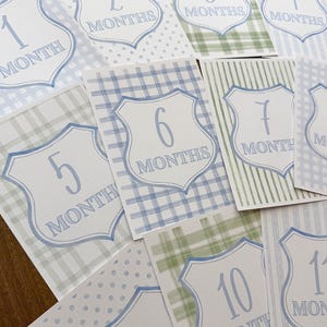 May include: A collection of baby milestone cards. Each card features a number from 1 to 11, with the word "MONTHS" below. The cards have a shield-like design with a blue border and are set against various patterned backgrounds.