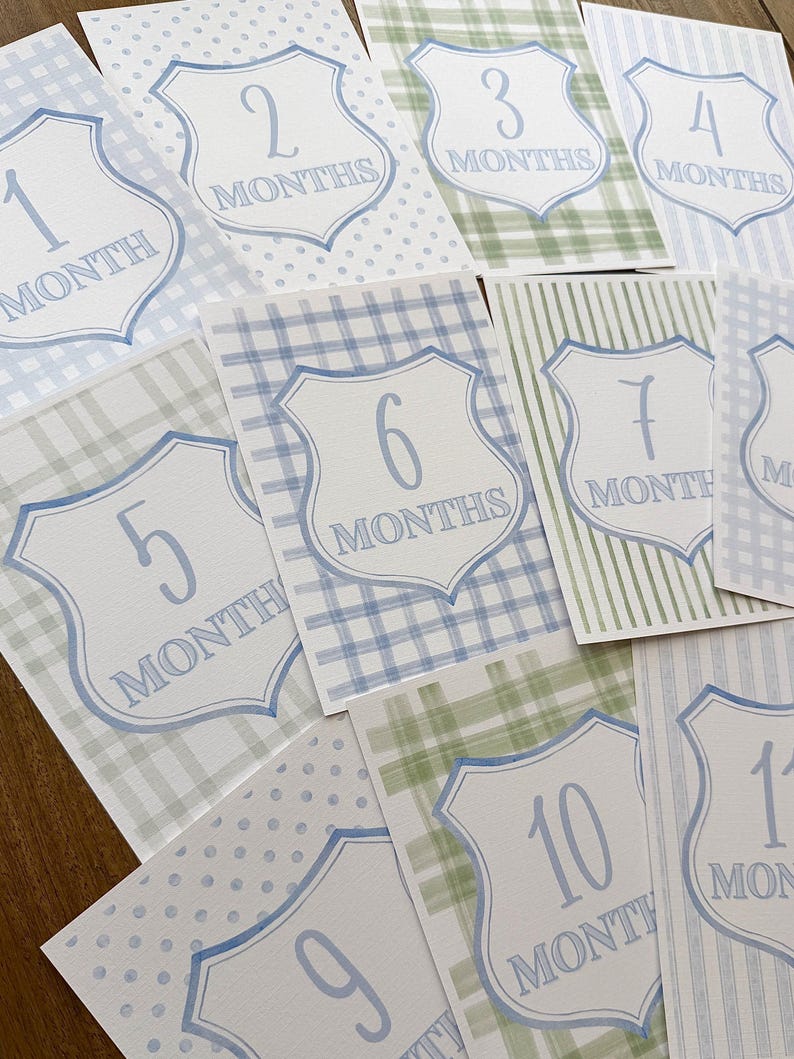 May include: A collection of baby milestone cards. Each card features a number from 1 to 11, with the word "MONTHS" below. The cards have a shield-like design with a blue border and are set against various patterned backgrounds.
