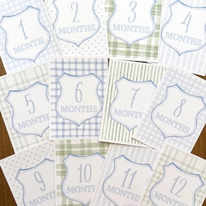 May include: Set of twelve baby milestone cards. Each card features a shield design with a number from one to twelve, representing months. The cards have various patterns, including polka dots, plaid, and stripes, in shades of blue and green.