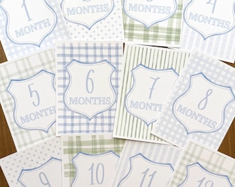 Tarjetas de hitos para bebé niño, acuarela a cuadros, accesorios fotográficos con textura de lino.